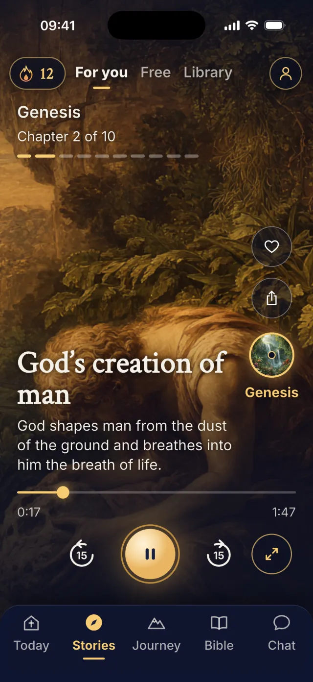 The BibleNow Stories screen, with a painting of the creation of man and the player