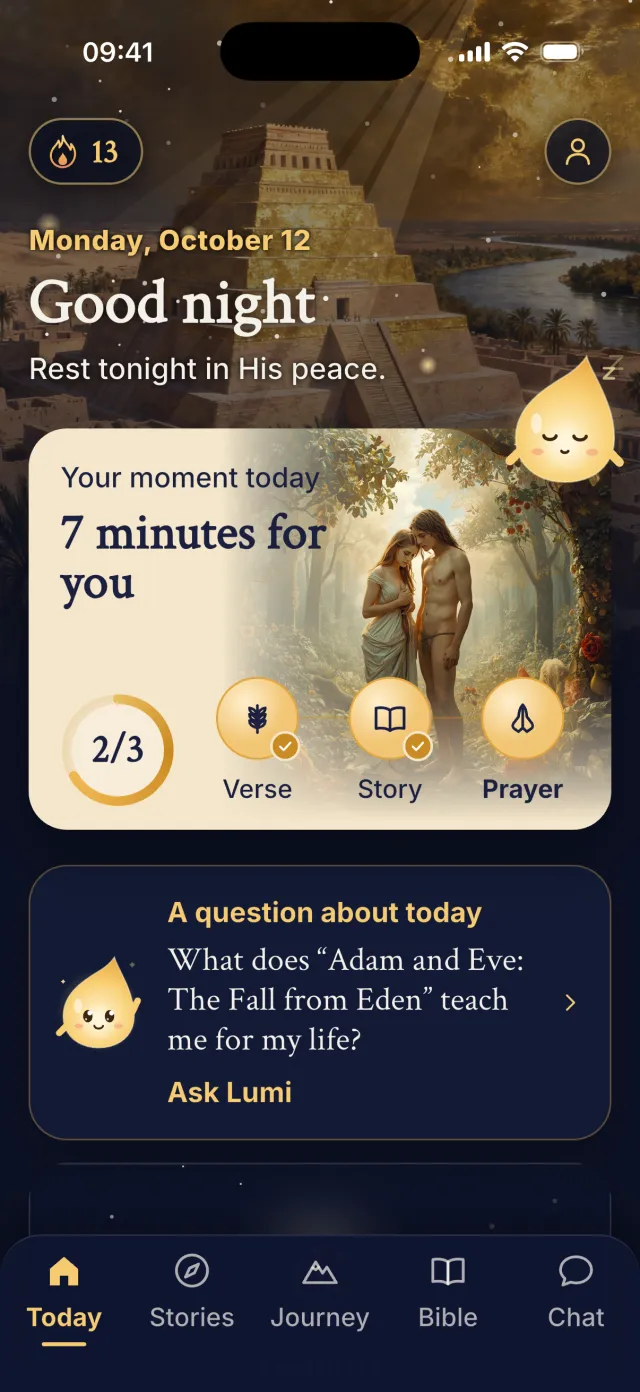 The Today screen, with the streak and the daily moment
